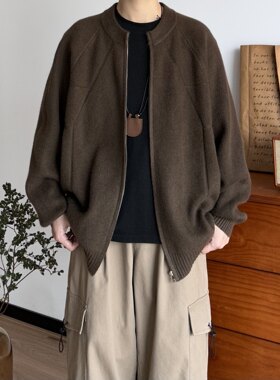 BUTQIU日系复古秋冬宽松立领拉链针织开衫男女纯色通勤毛衣外套