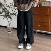 美式 复古水洗工装 牛仔裤 B东日系男装 宽松休闲多口袋设计黑牛长裤