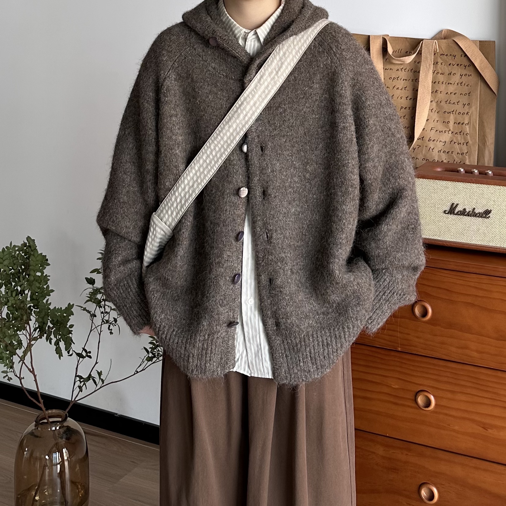 BUTQIU日系复古秋冬连帽毛衣开衫加厚宽松慵懒风针织衫外套上衣