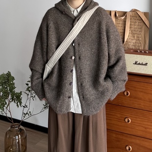 BUTQIU日系复古秋冬连帽毛衣开衫加厚宽松慵懒风针织衫外套上衣
