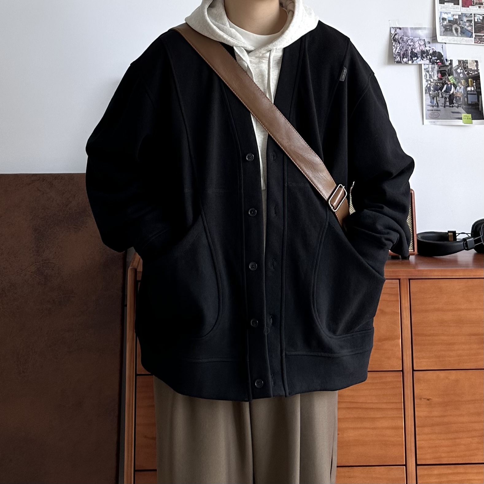 B东日系男装复古休闲针织开衫外套春秋学院风华夫格v领情侣百搭衫