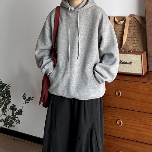 BUTQIU日系420G纯色连帽卫衣男秋冬宽松百搭休闲情侣套头帽衫