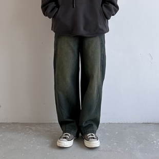 B东日系男装复古做旧牛仔长裤男女生宽松直筒水洗复古设计感裤子