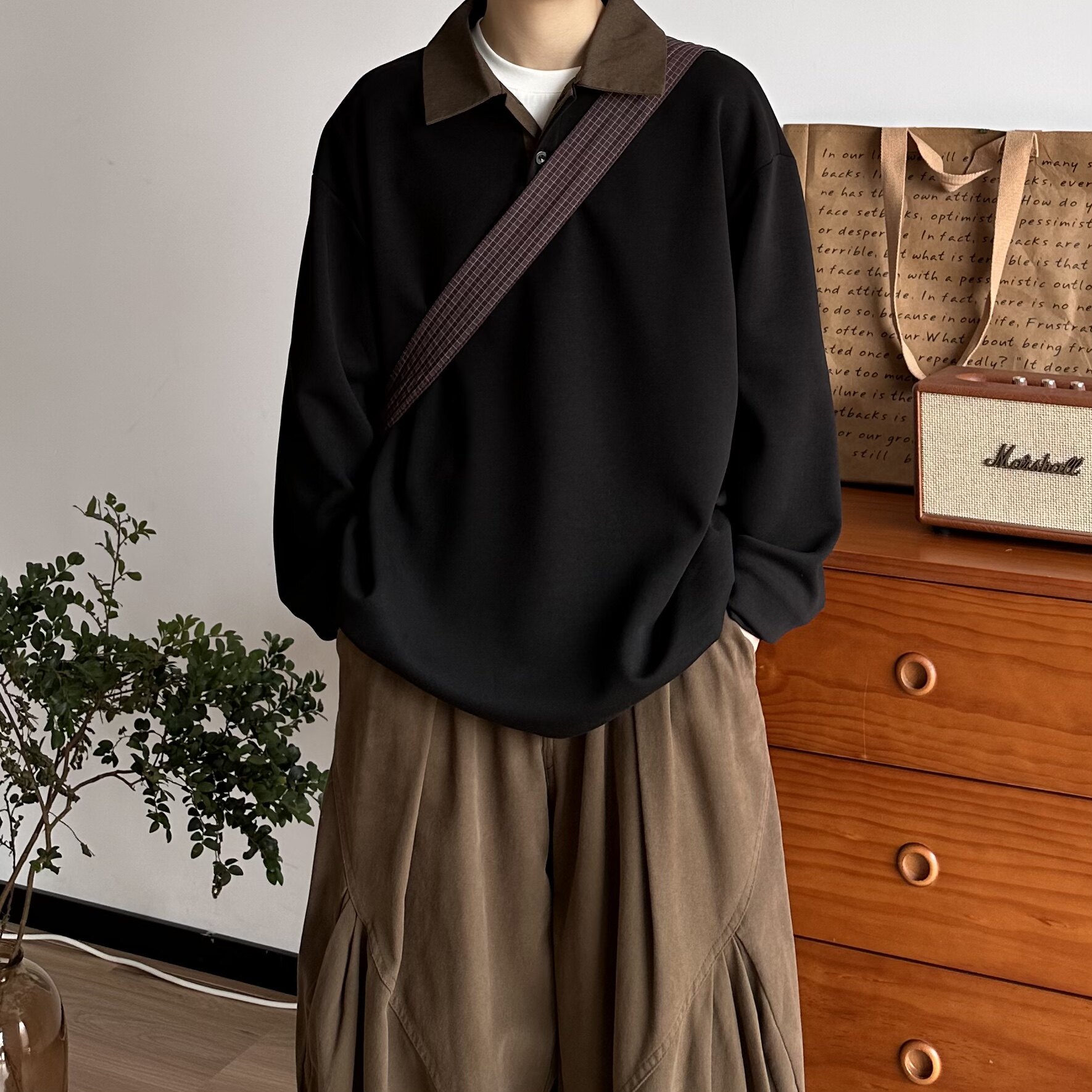 BUTQIU日系复古秋冬格纹拼接polo衫长袖T恤男女套头宽松垂感上衣图片