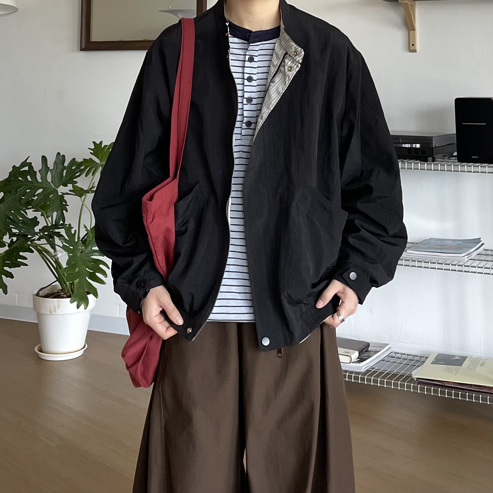 BUTQIU日系纯色半立领工装哈灵顿夹克男女春秋中性风叠穿休闲外套图片