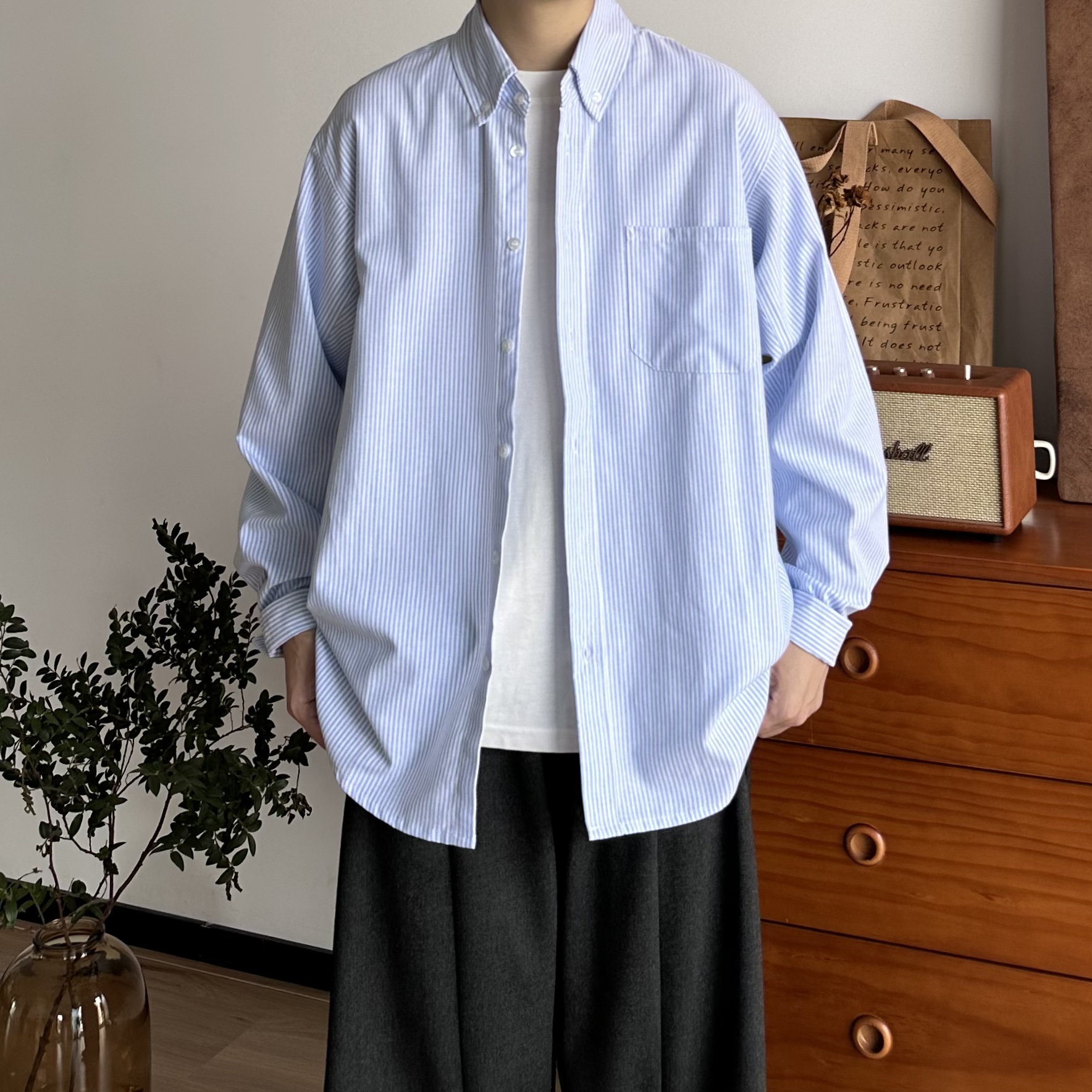 BUTQIU日系复古基础通勤男大风百搭条纹衬衫男女长袖衬衣上衣