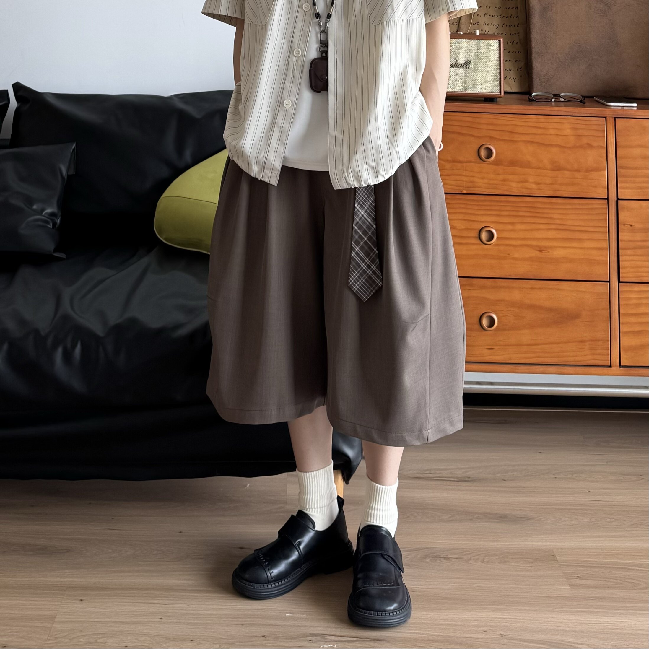 BUTQIU日系慵懒装饰领带西裤男夏季宽松中性廓形七分短裤百搭裤子