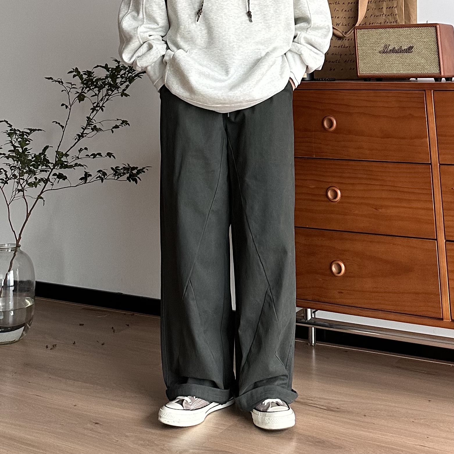 B东日系男装松紧腰抽绳直筒休闲裤春秋男生宽松简约百搭长裤子