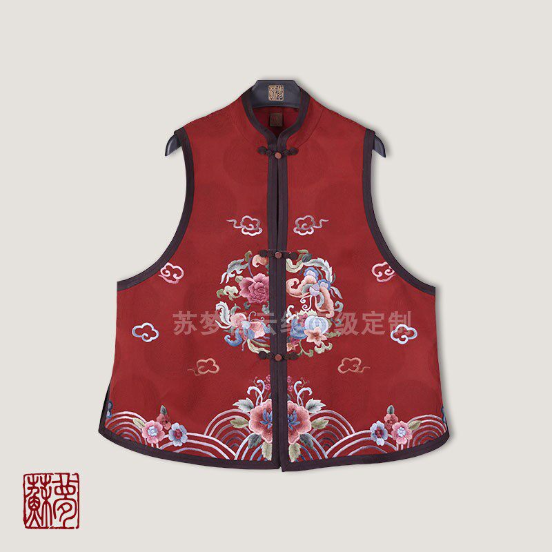 {苏梦}【锦绣芳华】香云纱手绣立领对襟马甲0104491