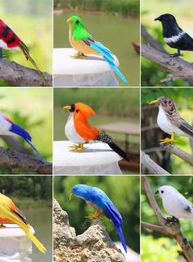 新品仿真羽毛小鸟摆件彩色假鸟家居创意装饰品麻雀鸟巢动物工艺品