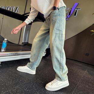 男秋冬季 潮流重磅水洗工装 弯刀牛仔裤 美式 裤 痞帅宽松阔腿休闲长裤