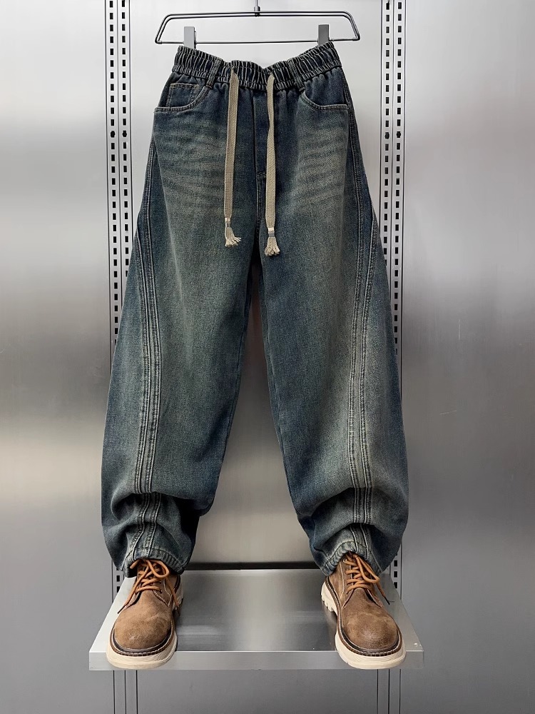 秋冬男士阔腿牛仔裤新潮流覆古弯刀老爹裤羊毛衬里直筒休闲裤