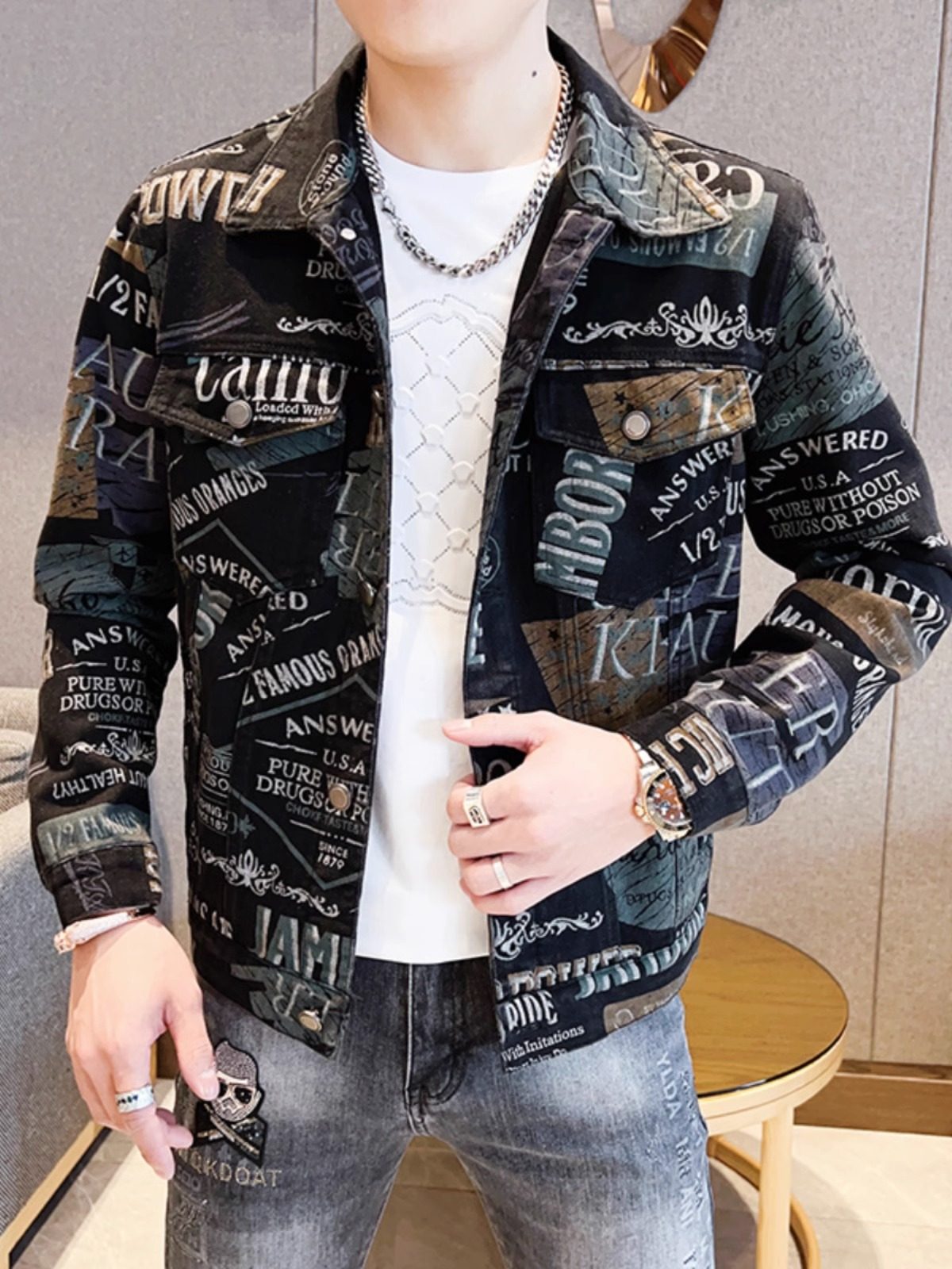 牛仔夹克2025年春秋男士新款韩式时尚品牌修身印花短款男士时尚休,男装,牛仔外套,淘宝优惠券,粉丝福利购,淘宝优惠卷