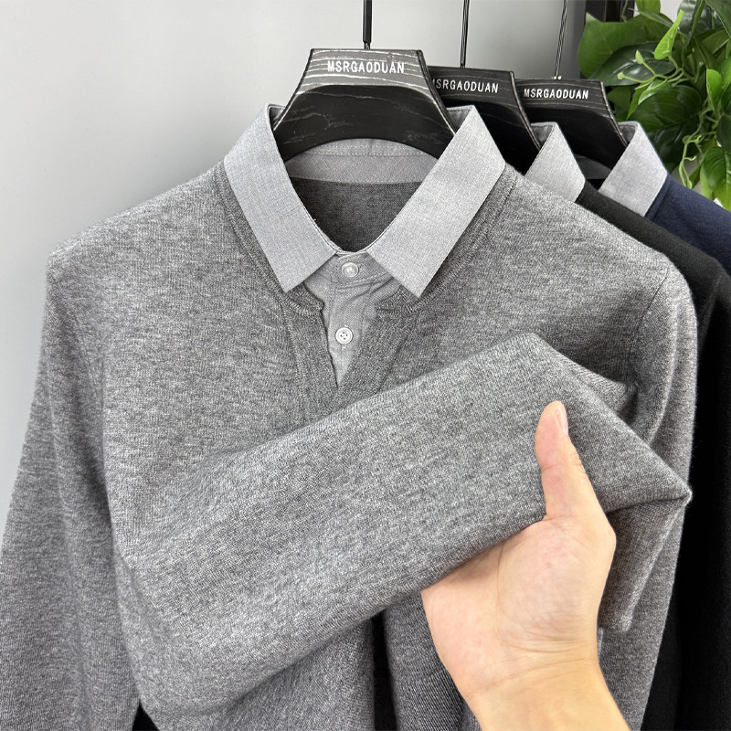 衬衫领假两件毛衣男士秋冬季潮牌轻熟风保暖休闲内搭针织打底上衣