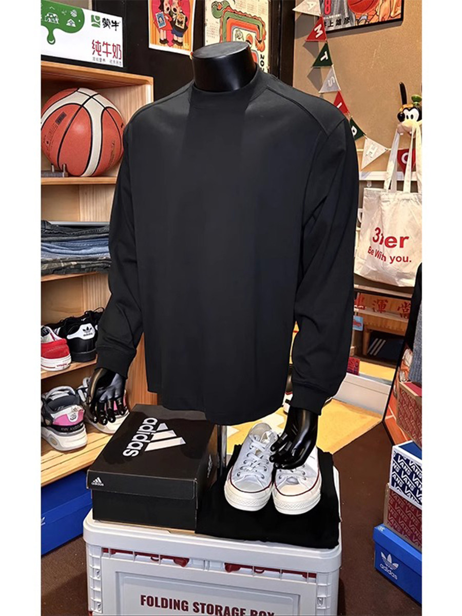 黑色纯棉长袖t恤男春秋冬季重磅小领口打底衫美式覆古圆领卫衣潮