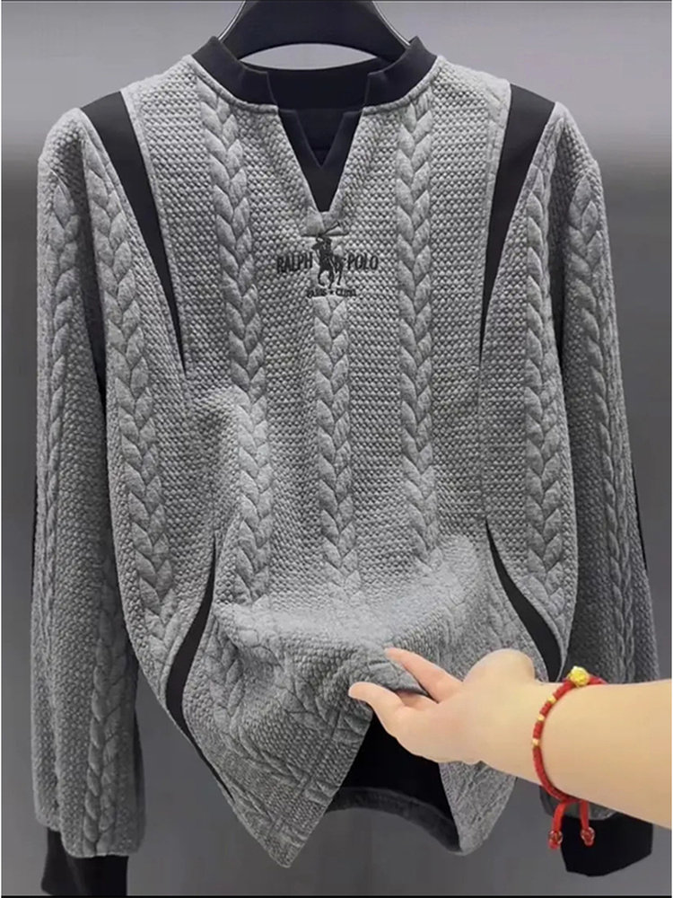 轻奢V领卫衣男士春秋季潮牌痞帅拼色刺绣长袖T恤百搭套头休闲上衣