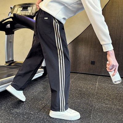 条纹运动裤男款秋冬季潮牌痞帅加绒加厚刺绣直筒裤宽松休闲长裤子