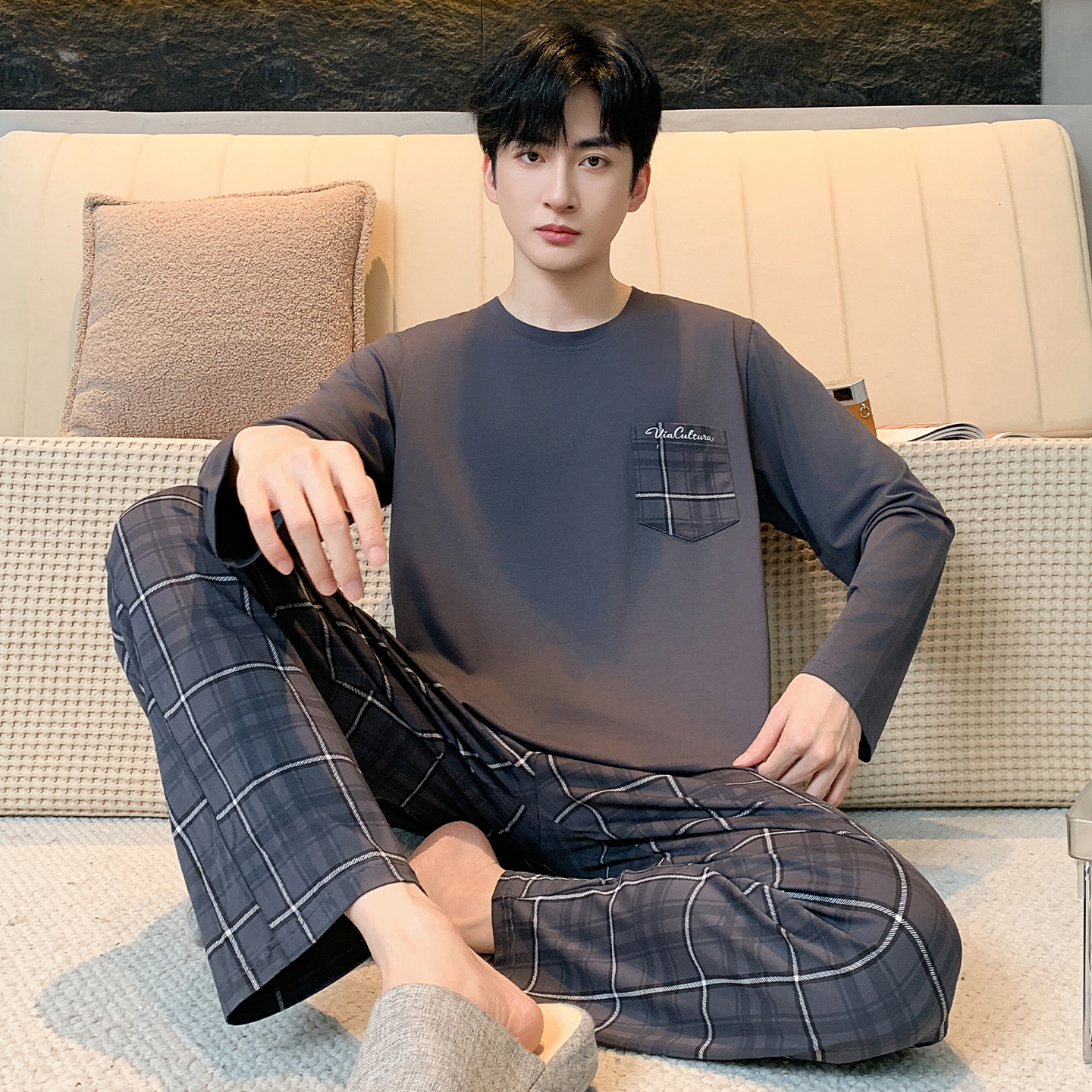 莫代尔棉睡衣男士春秋季长袖长裤亲肤格子外穿大码休闲家居服套装