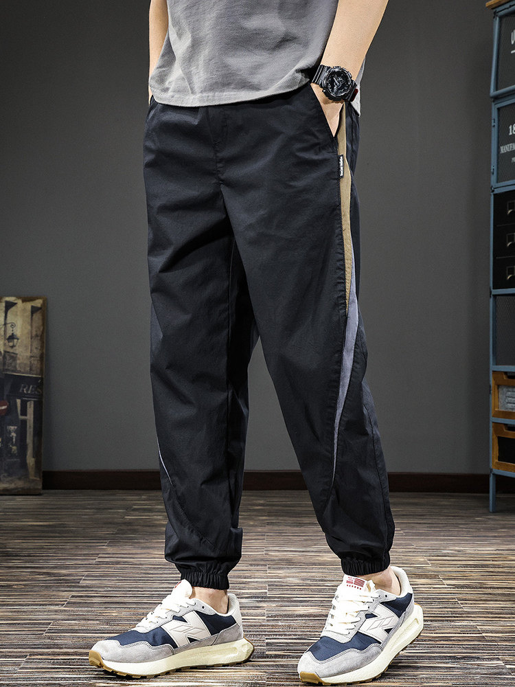 束脚休闲裤男士春秋季薄款潮牌撞色拼接哈伦工装裤宽松运动长裤子