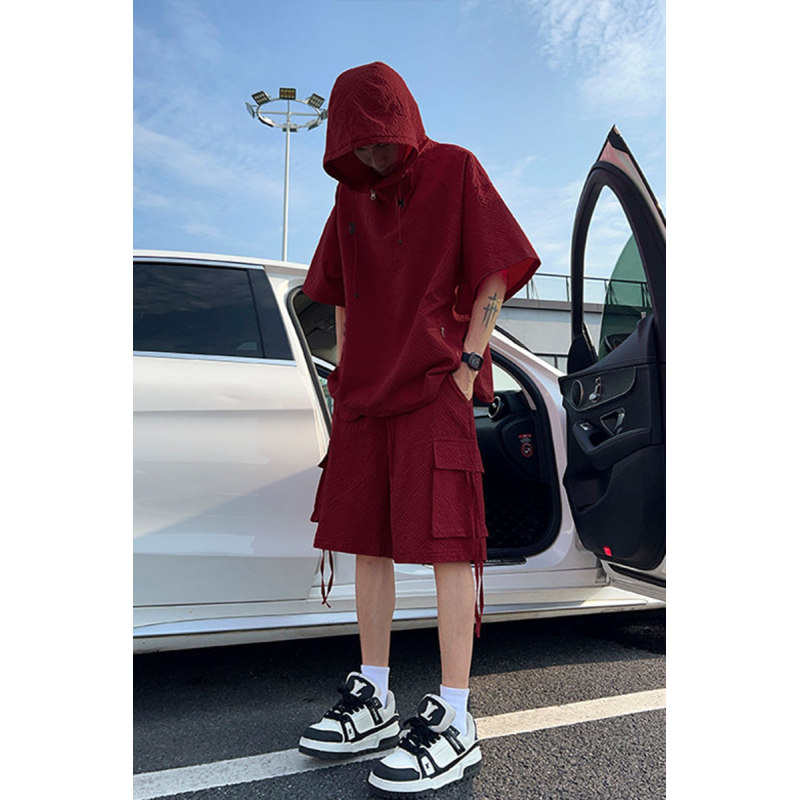 冰丝防晒工装衬衫短袖短裤套装男士夏季潮牌泡泡纱休闲运动两件套