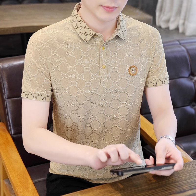高级感冰丝POLO衫男士短袖夏季轻奢潮牌提花修身商务百搭休闲T恤