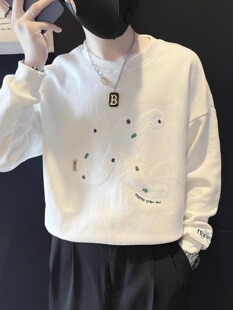 男式 百搭套头底衫 春秋裤 t恤时尚 高底绣花休闲长袖 圆领汗衫