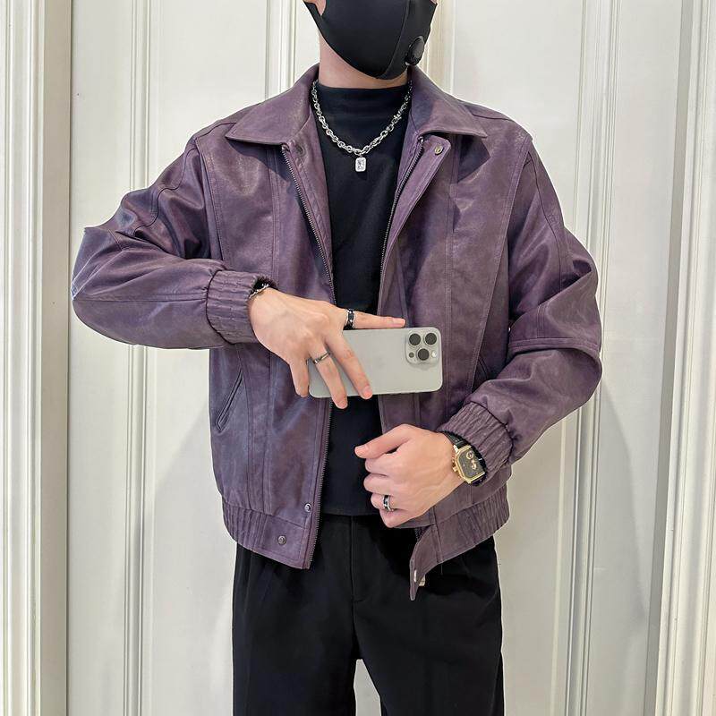 紫色皮衣外套男春秋冬季2025新款潮牌宽松机车夹克高级感休闲外套