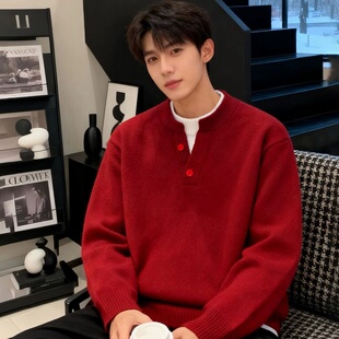 假两件红色亨利领毛衣男冬季加厚圆领针织衫宽松套头本命年打底衫