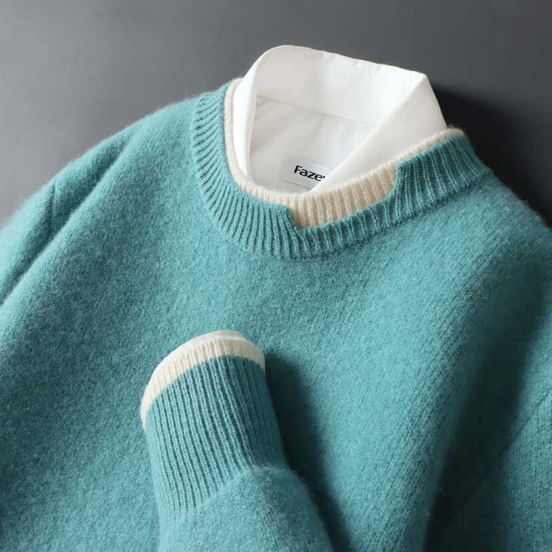 羊绒衫男冬季潮牌加厚保暖宽松圆领毛衣撞色假两件针织羊毛打底衫