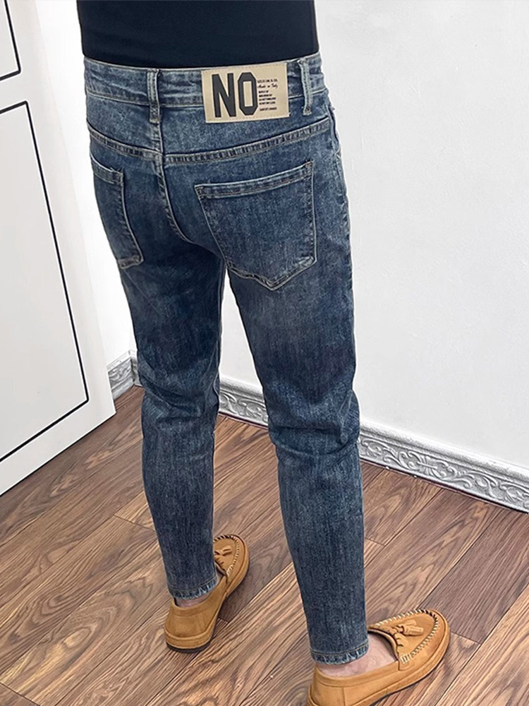 深蓝色牛仔裤男士春秋季新款韩版修身小脚九分裤百搭弹力休闲裤子