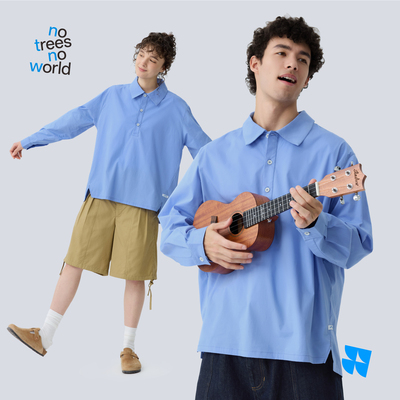 warmtrees长袖半开领长袖衬衫春季宽松蓝色衬衫2026新款男女同款