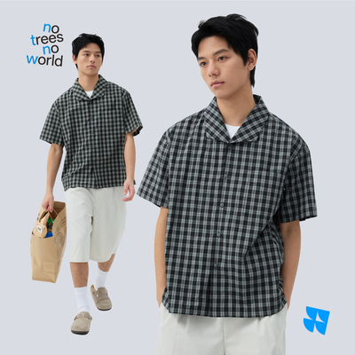 warmtrees复古黑灰绿小格子贴袋短袖衬衫2026年新款男款宽松衬衫