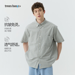 warmtrees支线TreesBasic浅蓝色格子书呆子风抗褶透气短袖 衬衫