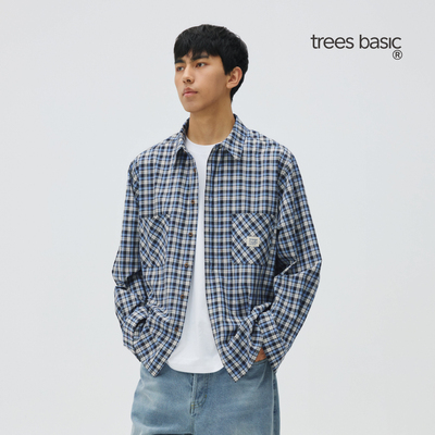TreesBasic深蓝格纹复古口袋长袖衬衫男士新款2026格子衬衫休闲