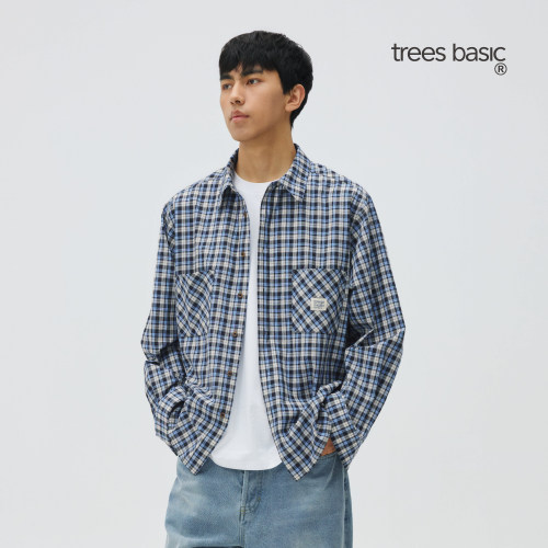TreesBasic深蓝格纹复古口袋长袖衬衫男士新款2026格子衬衫休闲