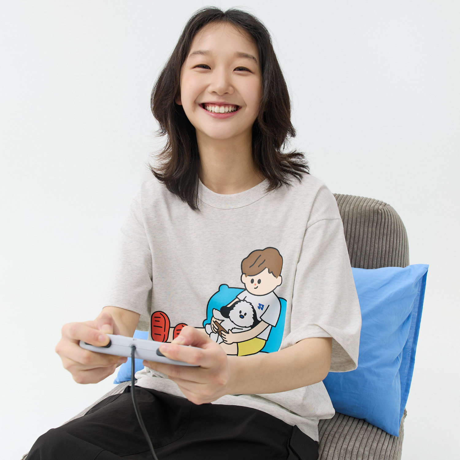 warmtrees夏季 小又小寸悠闲玩游戏机插画卡通印花宽松短袖T恤