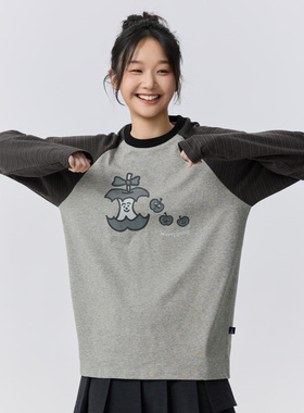 warmtrees树树脆脆乐园趣味苹果核条纹插肩长袖情侣款卫衣长袖T恤