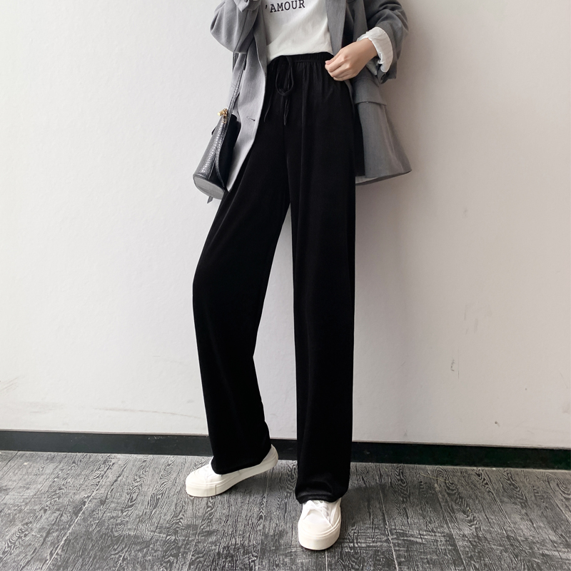 金丝绒阔腿裤女春秋垂坠感高腰宽松黑色大码mm直筒拖地休闲长裤子