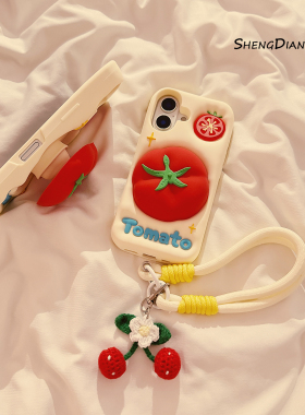 卡通立体番茄支架适用苹果16ProMax手机壳iphone16新款17Air软壳15创意14链条13女款15promax硅胶16pro保护套