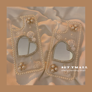 高级xs防摔xr硅胶15女款 法式 Max苹果11透明手机壳12新款 14Pro max保护套 仙女珍珠花朵镜子适用iPhone13