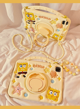 可爱海绵宝宝360旋转iPadAir6保护套2024新款适用苹果iPadPro保护壳第10代air5平板11寸带笔槽mini7硅胶女款