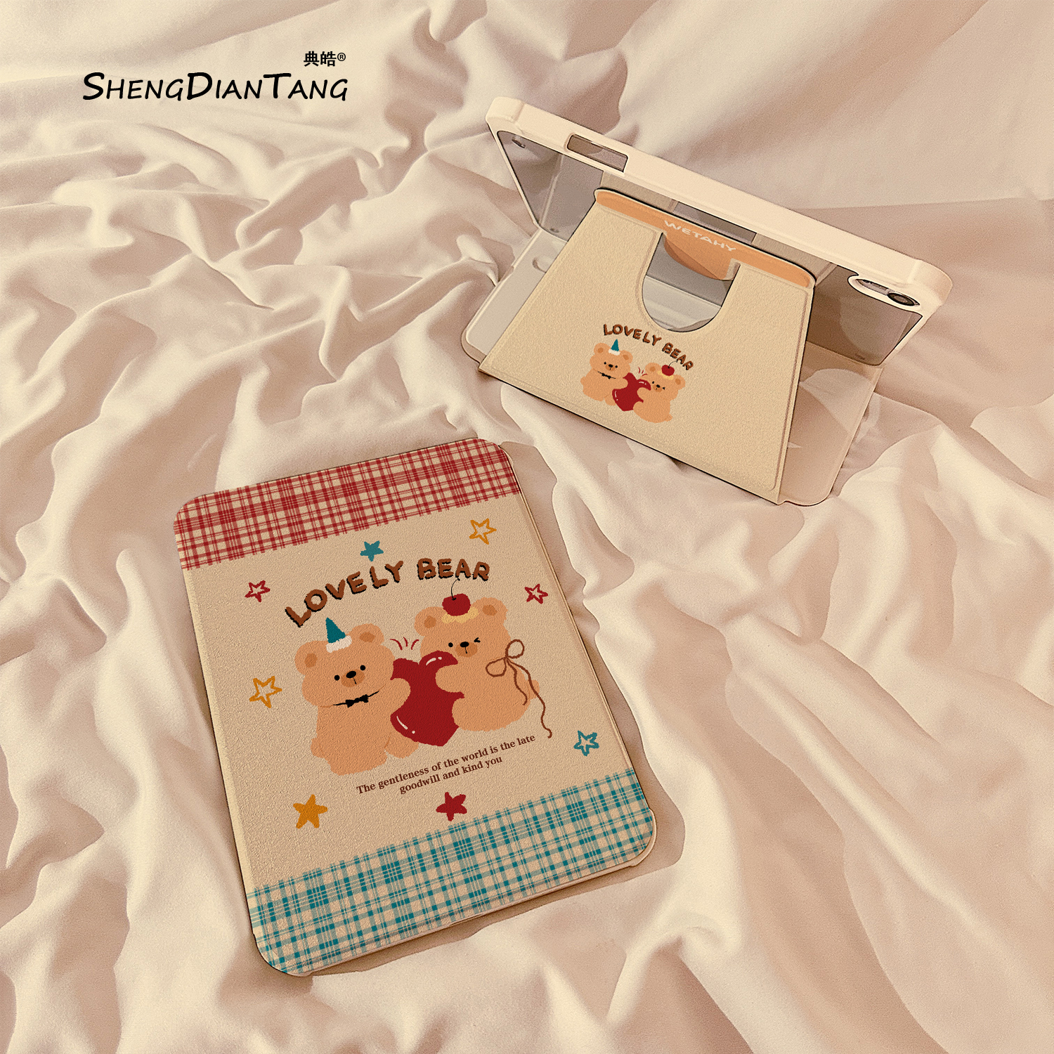 格纹爱心小熊适用苹果ipad保护套