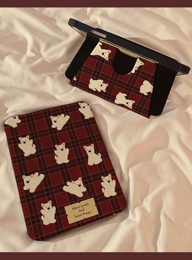 复古格子西高地狗狗360度旋转iPad10保护套2024新款适用苹果iPad10.2寸mini6平板Air4/5保护壳pro女9.7带笔槽