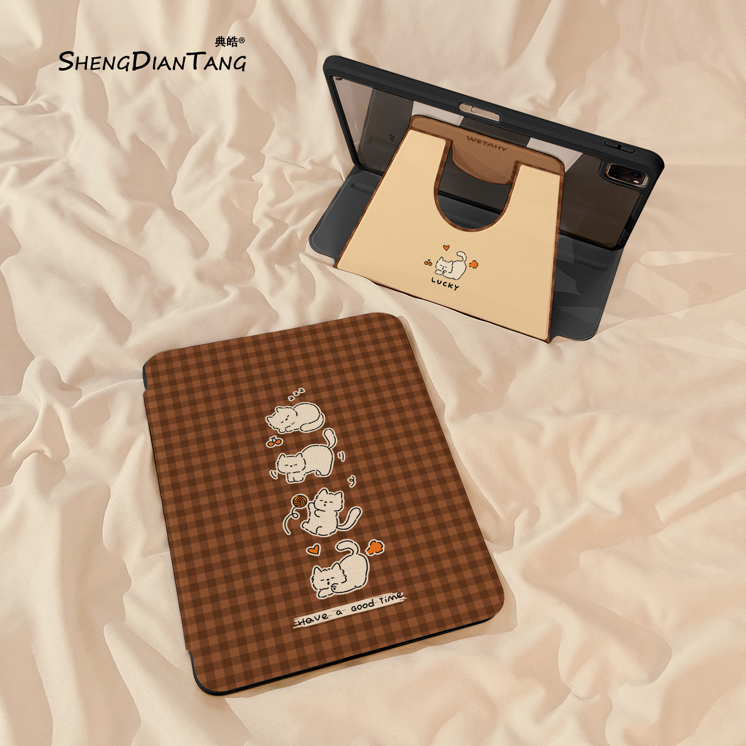 秋冬棕格小猫适用苹果平板套