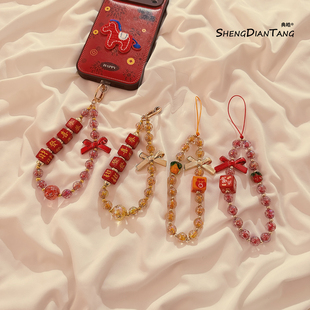 新年转运红色恭喜发财串珠手机链条挂绳便携手腕带挂链钥匙扣挂件防丢神器高级女款适用通用苹果华为手机壳