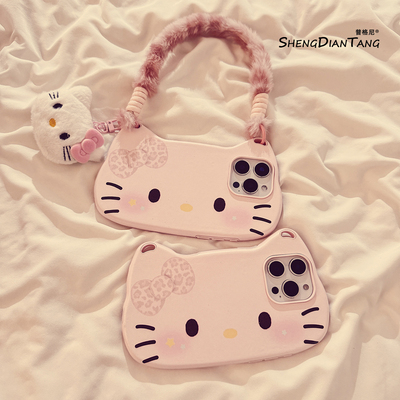 甜酪粉色豹纹猫咪手提适用iphone17ProMax手机壳苹果17Air新款16可爱15创意14女款16promax软硅胶保护套挂绳