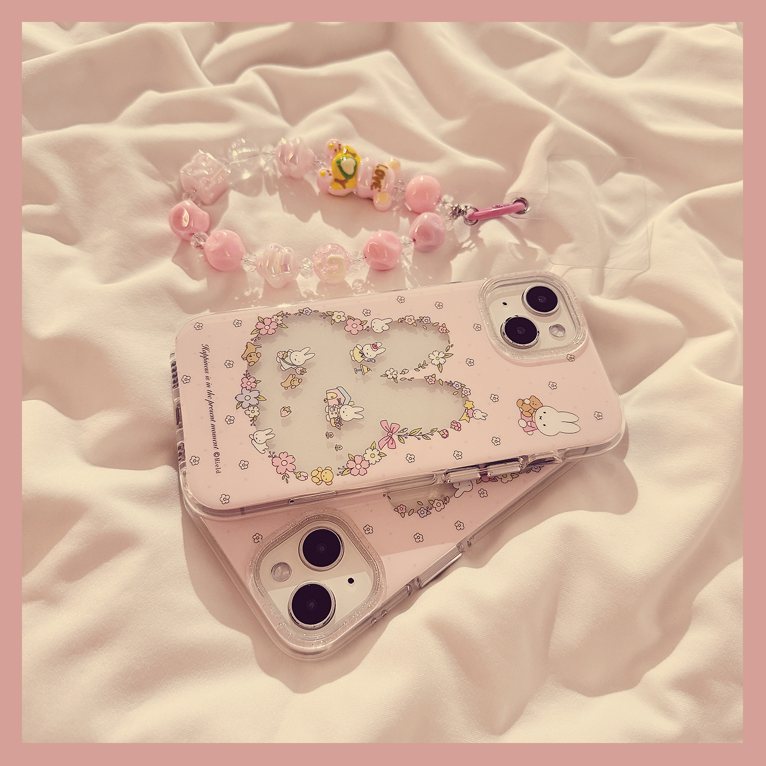 春日小碎花兔子头像适用苹果16ProMax手机壳iphone16新款15少女心14创意13可爱女款15promax软硅胶保护套链条