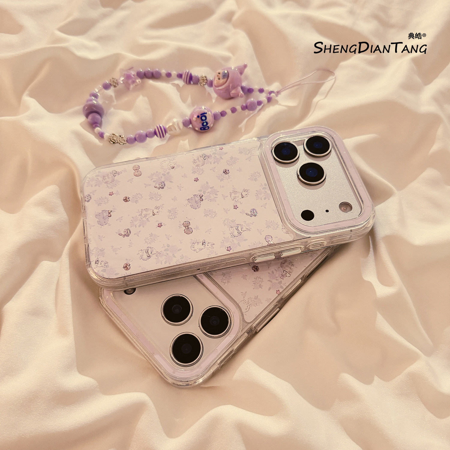 韩系ins紫色碎花兔子适用苹果17ProMax手机壳iphone17新款16pro小众15创意14女款16promax软硅胶保护套链条