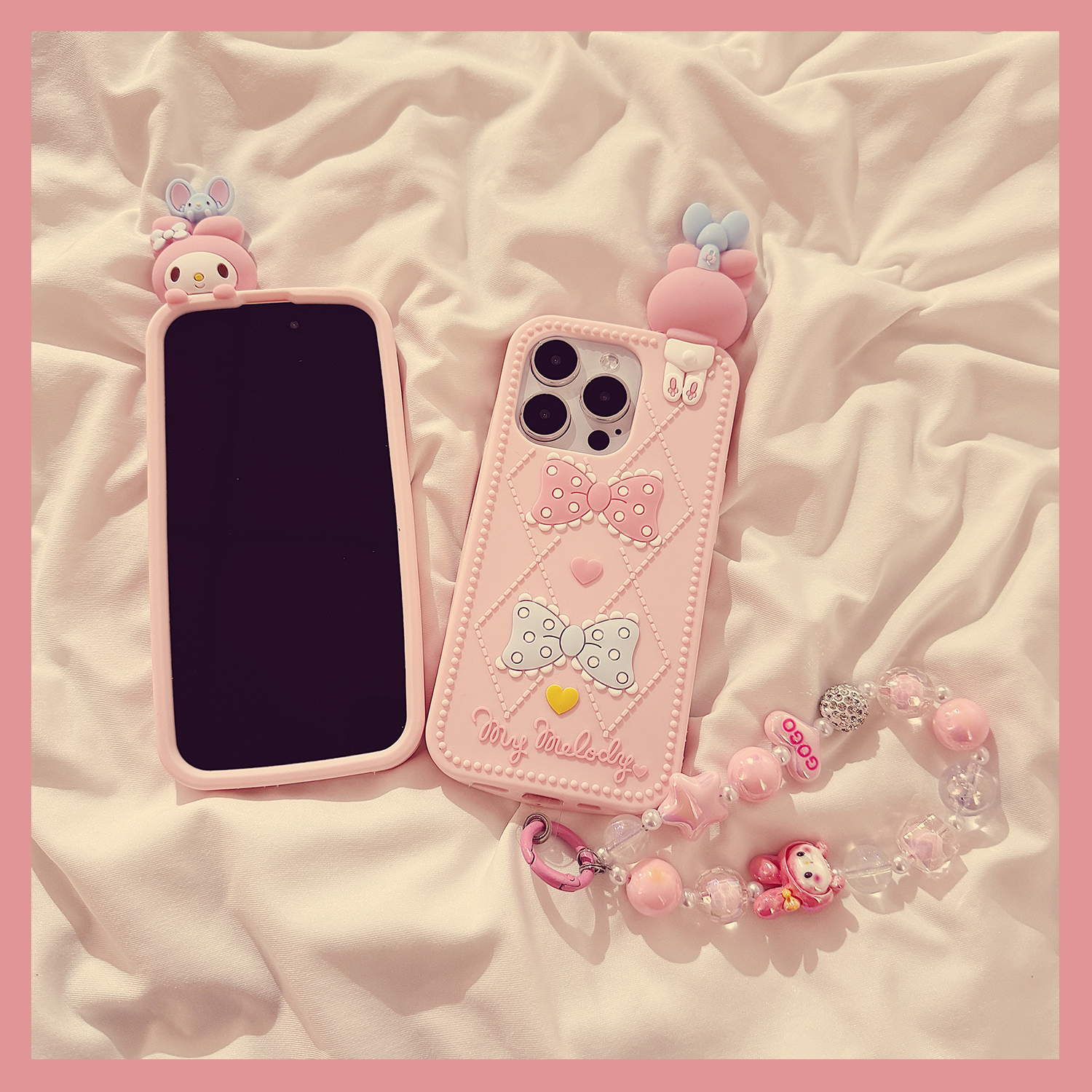 少女粉蝴蝶结美乐蒂适用苹果16ProMax手机壳iphone16新款15可爱14创意13立体女款15promax软硅胶保护套链条