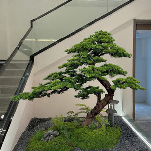 仿真迎客松楼梯下造型树别墅装修室内微景观全套绿植玄关造景假树